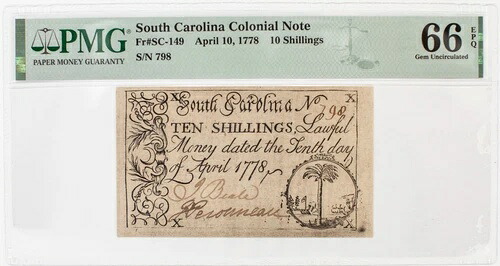Fr. SC-149、1778年4月10日、10 S（パルメット）サウスカロライナ植民地通貨