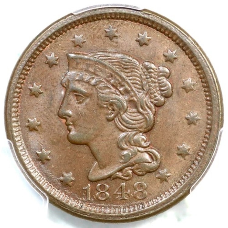 1848年 N-4 R-4+ PCGS MS 62 BN 編み込みヘア ラージセントコイン 1セント