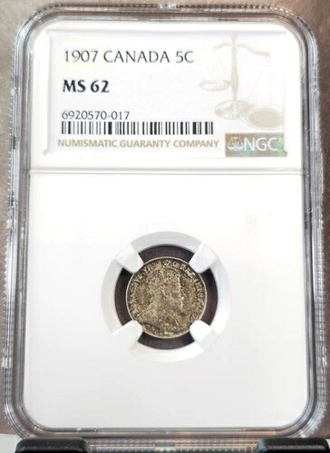 1907年 カナダ 銀貨 5セント 5C キング・エドワード7世 NGC MS 62 希少 ミントステート