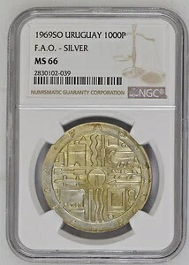 1969年 1000ペソ ウルグアイ - FAO 銀貨 - NGC MS66 93,170円