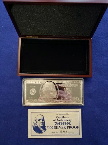 2008年 100ドル シルバー 4トロイオンス バー、品質証明書付き、素敵な木製ボックス入り｜WORLD RESOURCE【KING店】