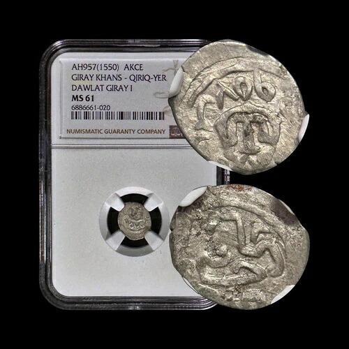 クリミア。 1550、アクチェ、シルバー - NGC MS61 - Dawlat Giray I、キルク・イェール、ウクライナ 20｜WORLD RESOURCE【KING店】