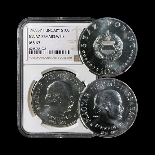 ハンガリー。1968年、100フォリント、銀貨 - NGC MS67 - トップポップ?? ゼンメルワイス、希少|WORLD RESOURCE【KING店】