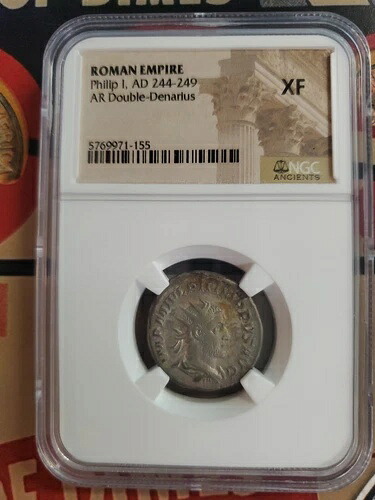 フィリップ1世 西暦244年 銀貨 AR ダブルデナリウス。NGC 製。素晴らしいコイン造幣局。