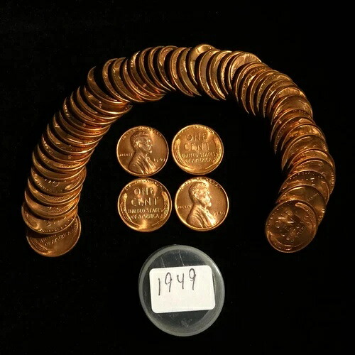 1949年リンカーン・ウィート・セント（50枚） ロール。50枚全てが輝かしい未流通のレッド！