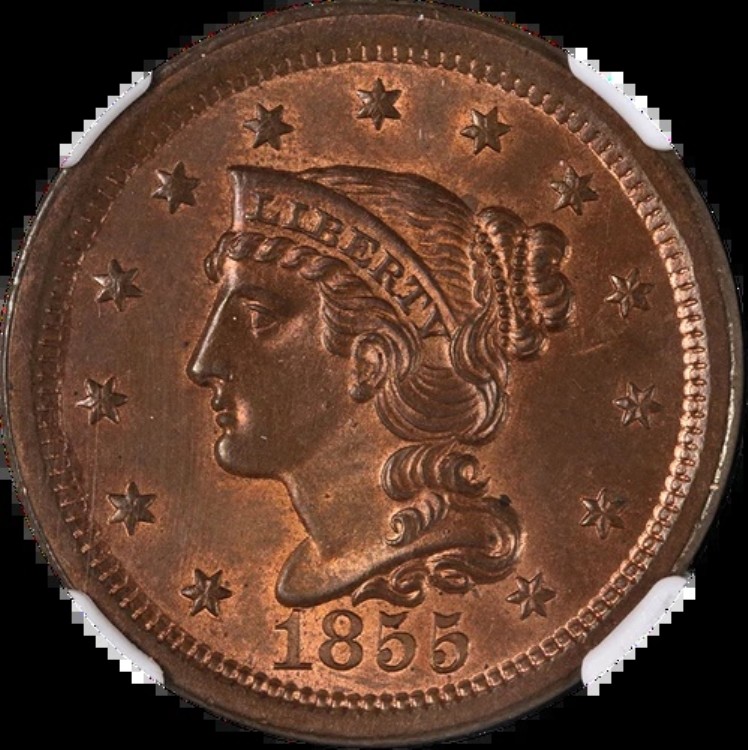 1855年製 ラージセントアップライト 55 NGC MS66 RB 素晴らしい外観 強い打痕
