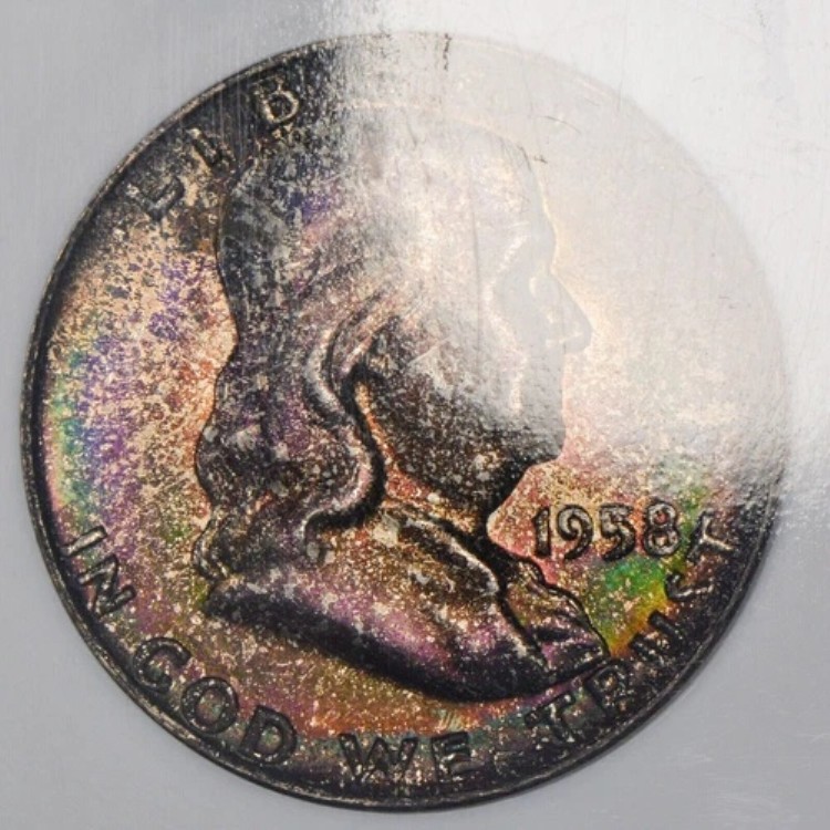 1958-D 50セント フランクリン ハーフダラー PQ モンスター レインボートーン -NGC CAC MS 67 FBL- Z364