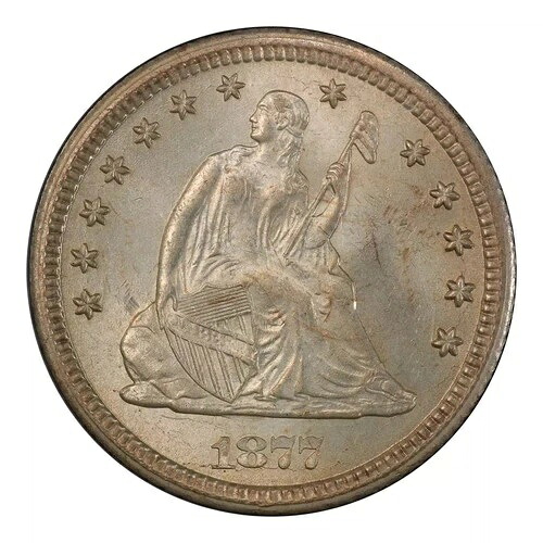 1877年-CC 着席自由の女神像 25セント硬貨 PCGS MS-64