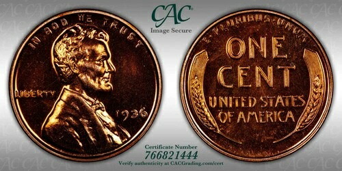 1936年 CAC PR65RD レッドブリリアントプルーフストライク リンカーンウィートセント