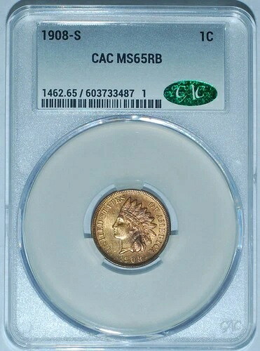 1908 S CAC MS65RB 赤と茶色のインディアンセント ほぼフルレッド