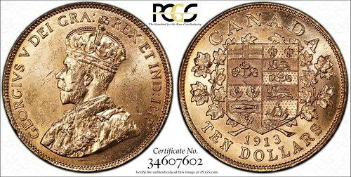 1913年カナダ10ドル金貨 - チョイス未流通、PCGS MS 64