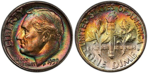 1959年 ルーズベルト ダイム 認定 PCGS スーパーブ GEM MS67+ FB フルトーチ/バンド PQ シルバー