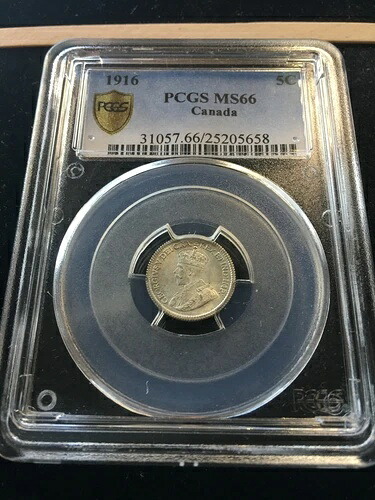 1916年 PCGS 鑑定済みカナダ貨幣、5セント、**MS-66**