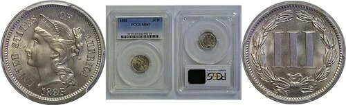 1888年製ニッケル3セント金貨 PCGS MS-67