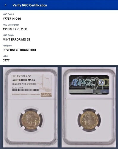 1913 S タイプ2 5セント ミントエラー MS 65 リバースストライクスルー。希少品|WORLD RESOURCE【KING店】