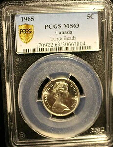 1965年製 ラージビーズ DJ**、PCGS グレード カナダ製 ニッケル 5セント、**MS-63** #7804