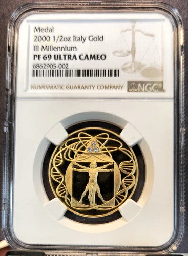 2000年 イタリア ゴールド 1/2オンス メダル ダイヤモンド付き III ミレニアム NGC PF 69 ウルトラカメオ|WORLD RESOURCE【KING店】