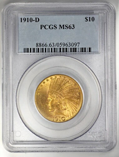 1910年 D $10 インディアンヘッド ゴールドイーグル NGC MS63 オールドブルーホルダー 素晴らしい外観