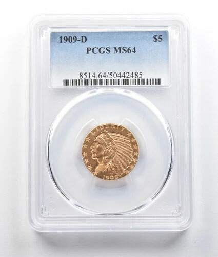 1909-D 5ドル インディアンヘッドゴールド ハーフイーグル MS64 PCGS *9432