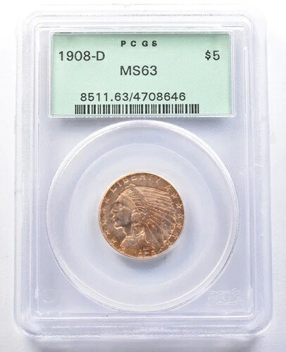 1908-D 5ドル インディアンヘッド ゴールド クォーターイーグル MS63 PCGS OGH *1075｜WORLD RESOURCE【KING店】