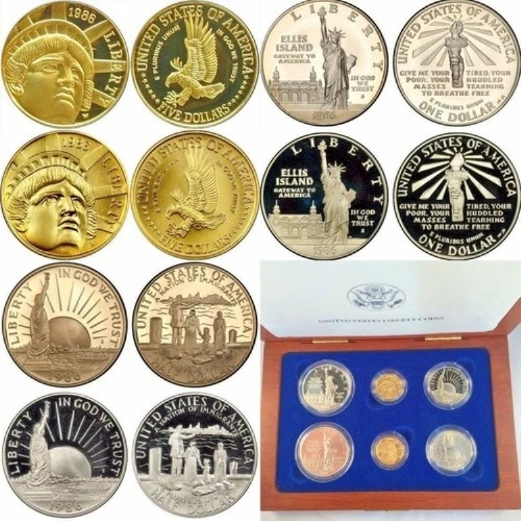 1986年セット 6枚セット 金貨 銀貨 自由の女神像 $5 $1 $0.5 米国製 ボックス COA｜WORLD RESOURCE【KING店】
