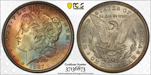 1887年 1ドル モルガン銀貨 PCGS ゴールドシールド MS64 CAC - モンスターレインボーカラー｜WORLD RESOURCE【KING店】
