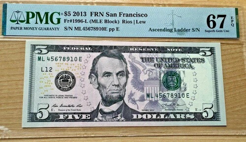 フルアセンディングラダーシリアル番号 $5 FRN 4-10 ファンシーシリアル番号 PMG 67