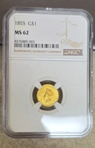 1855年 ゴールド 1ドル リバティ - MS62 - NGC - ストロングダイクラッシュレヴ - 光沢