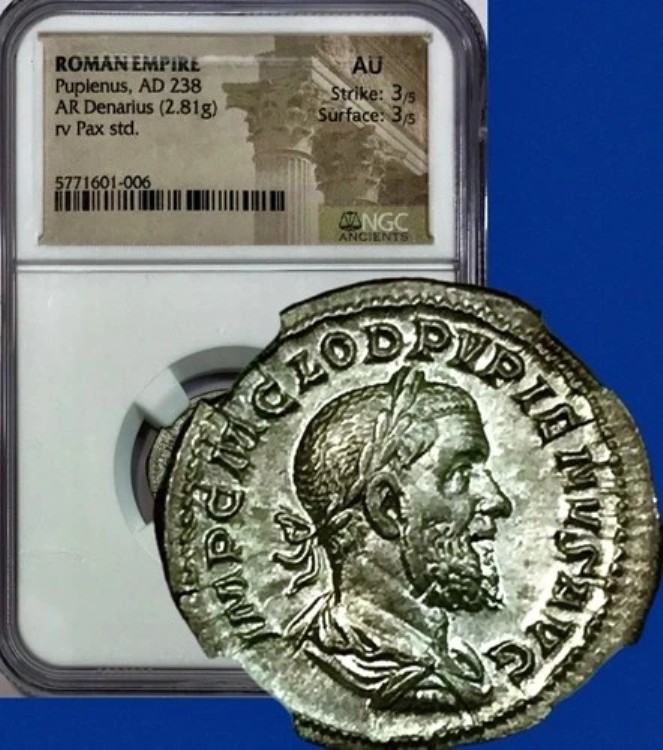 238年 プピエヌス 古代ローマ銀貨 AR デナリウス NGC AU 未使用｜WORLD RESOURCE【KING店】