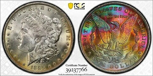 1885-O 1ドル銀モルガンドル PCGS MS64 レインボートーン #7766