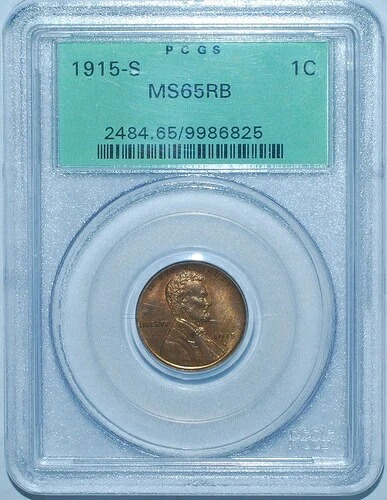 1915 S PCGS MS65RB 赤と茶色のリンカーン小麦セント OGH
