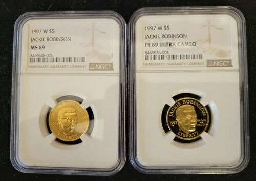 1997年 W 5ドル金貨 ジャッキー・ロビンソン MS69 + PF69。NGC。コイン2枚。|WORLD RESOURCE【KING店】