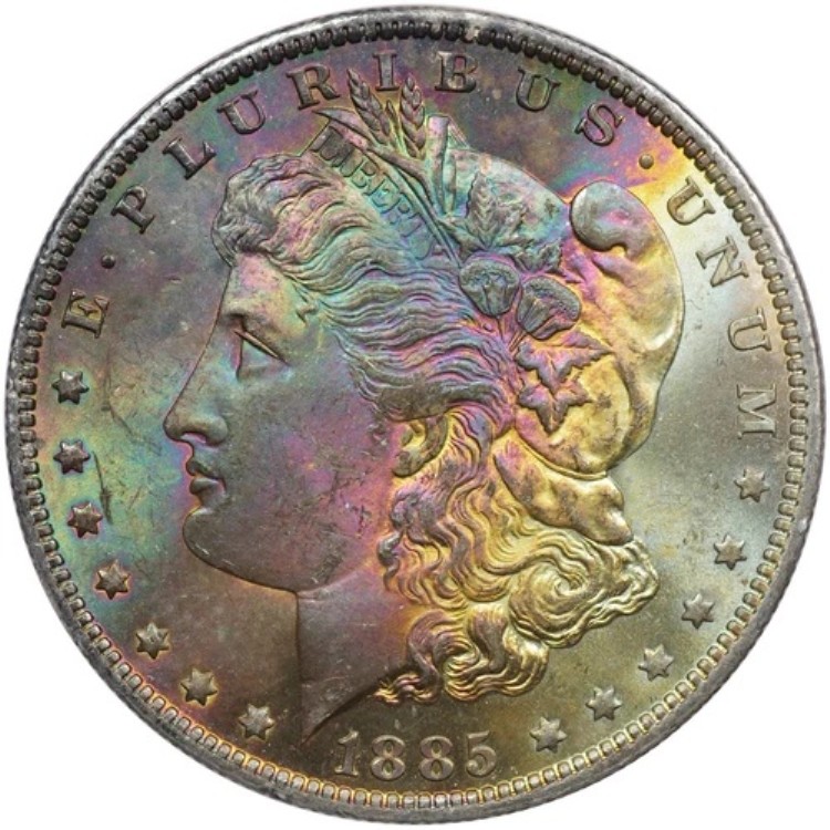 1885-O モルガン・ダラー 1ドル NGC MS64 *スター* レインボートーニング [BN008]