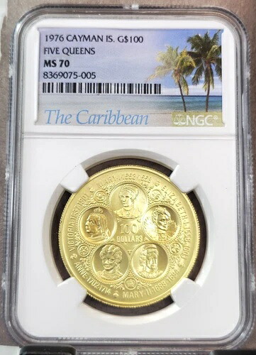 1976年ケイマン諸島金貨100ドル、ファイブ・クイーンズ、NGC MS 70、極めて希少なキー｜WORLD RESOURCE【KING店】