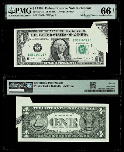複数のエラーフォールド＆バタフライフォールドエラー 1988 $1 FRN RICHMOND,VA PMG GEM 66 EPQ｜WORLD RESOURCE【KING店】
