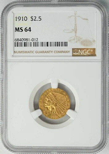 1910年 2.5ドル 1/2ドル金貨 インディアン 2.5ドル MS64 NGC 950008-1｜WORLD RESOURCE【KING店】