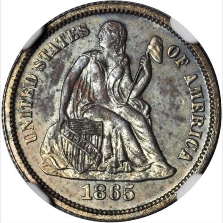 1865 NGC PR65 ?? 発行枚数10,000枚 + プルーフ500枚 \u003d 10セント硬貨の中で4番目に低い！?? ? 座った状態のダイム ?