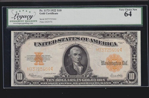 US 1922 $10 ゴールド証明書 FR 1173 LCG 64Ch CU (464)｜WORLD RESOURCE【KING店】