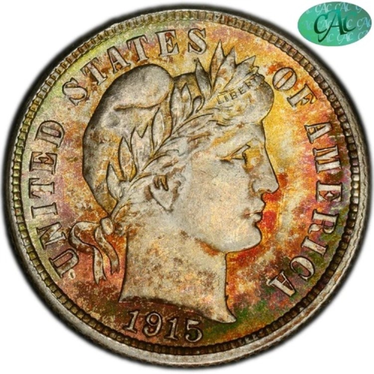 1915年 10セント MS66+ PCGS CAC トーンカラー バーバーダイム 最高品位と同点｜WORLD RESOURCE【KING店】