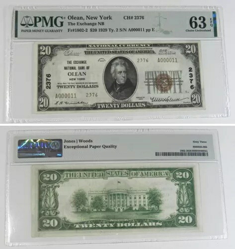 オレアン NY 20 ドル 1929 Ty. 2 Exchange National Bank Ch. # 2376 PMG 63 EPQ, A000011｜WORLD RESOURCE【KING店】