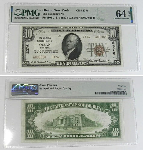オレアン NY 10 ドル 1929 Ty. 2 Exchange National Bank Ch. # 2376 PMG 64 EPQ, A000020|WORLD RESOURCE【KING店】