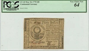1775年5月10日 30ドル大陸通貨 CC-10 PCGS CH64｜WORLD RESOURCE【KING店】