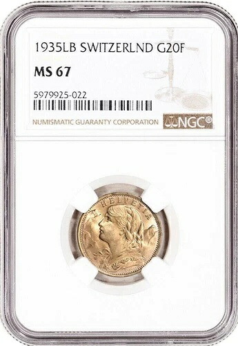 1935LB スイス 金貨 20フラン KM-31 NGC MS-67