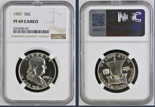 1957年 プルーフ フランクリン ハーフダラー 50セント、NGC PF 69 カメオ、NGC 価格ガイド $2750