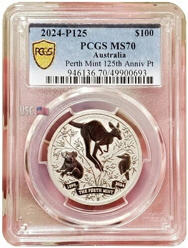 2024 1オンス プラチナ $100 オーストラリア PERT MINT 125周年記念 PCGS MS70 コイン。