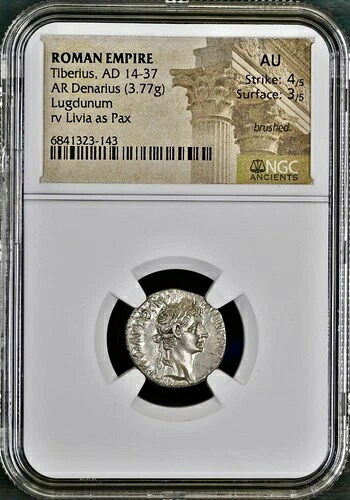 ティベリウス 古代ローマ銀貨 14-37 AD AR デナリウス ルグドゥナム ミント NGC AU