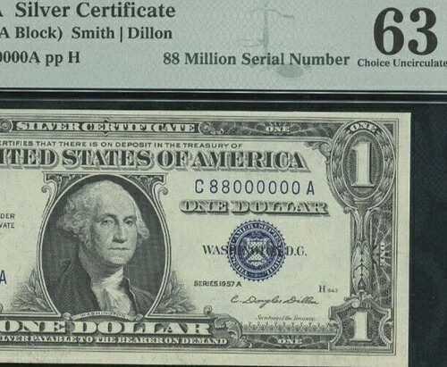 1957A 銀貨証明書 ファンシー シリアル番号 Fr# 1620 1ドル PMG 63 (8800万)