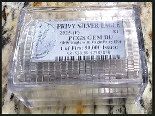 2025 (P) PCGS Gem BU シルバーイーグル 20 コイン プライベートロール 1 オンス 50,000 枚のうちの 1 枚