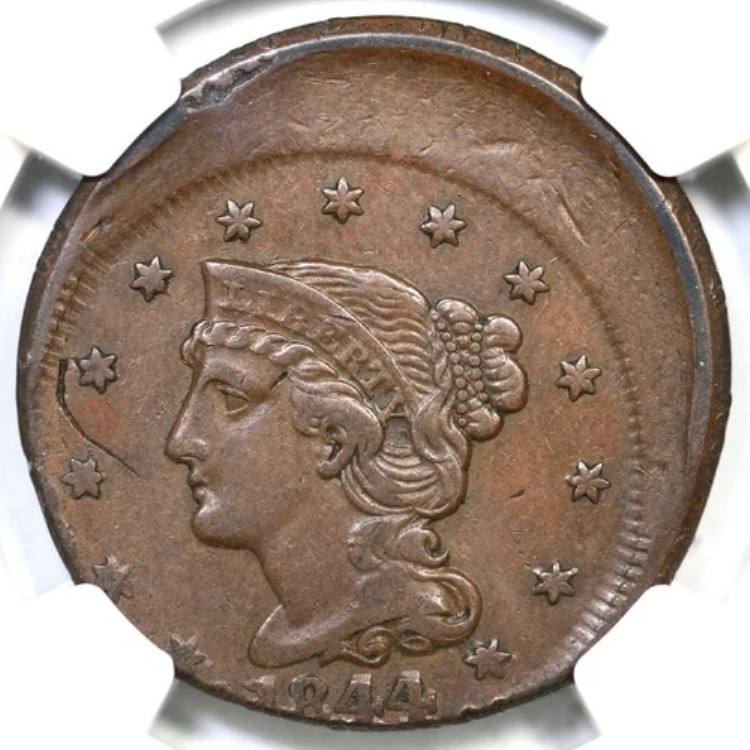 1844 NGC XF 詳細 オフセンター 編み込みヘア ラージセントコイン 1セント