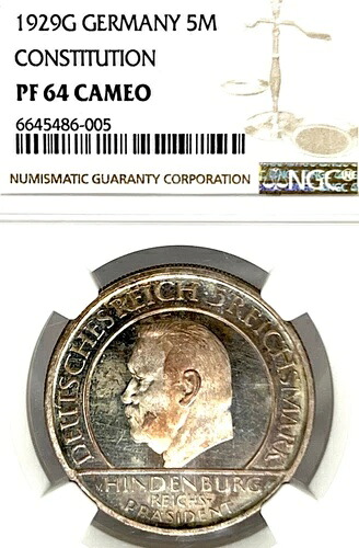 ドイツ ワイマール共和国 1929G 5マルク 憲法 ターラー NGC PF 64 カメオ トップポップ